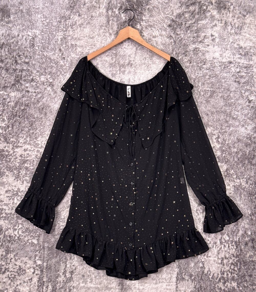 Rat & Boa Dress Large Womens Black Chiffon Star Off Shoulder Mini